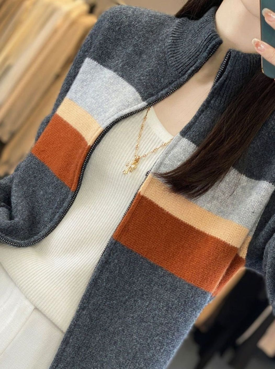 Women's Striped Zip-Up Oversized Knit Cardigan Jumper