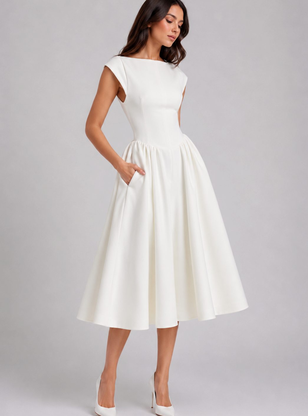 Women's Structured Cap Sleeve Pleated Midi Dress