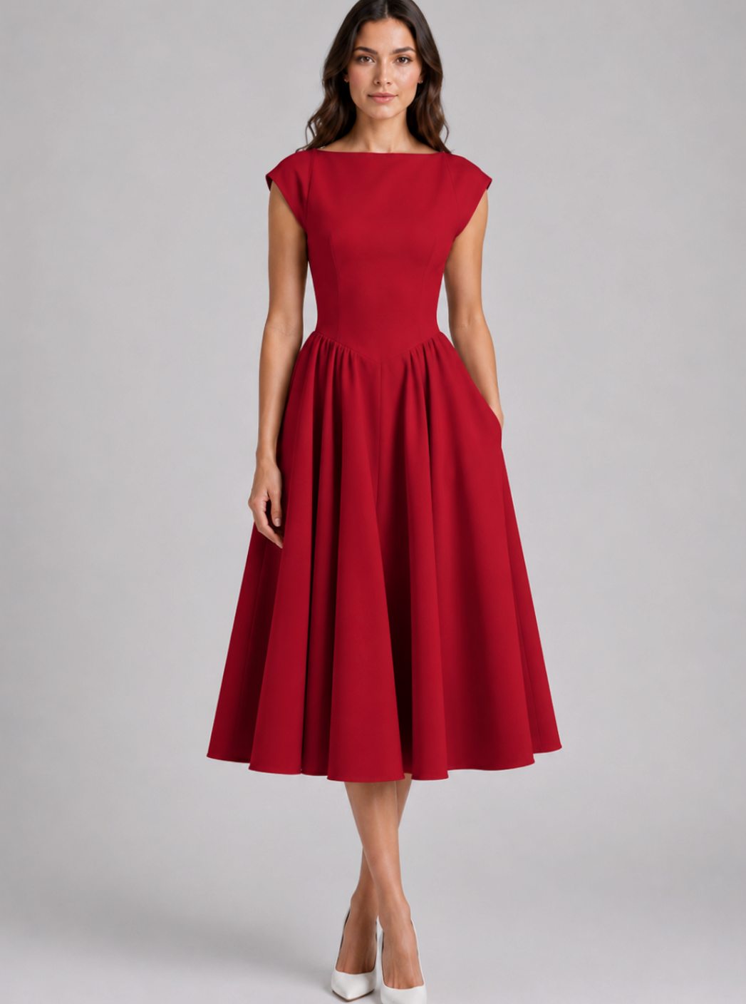 Women's Structured Cap Sleeve Pleated Midi Dress - Red