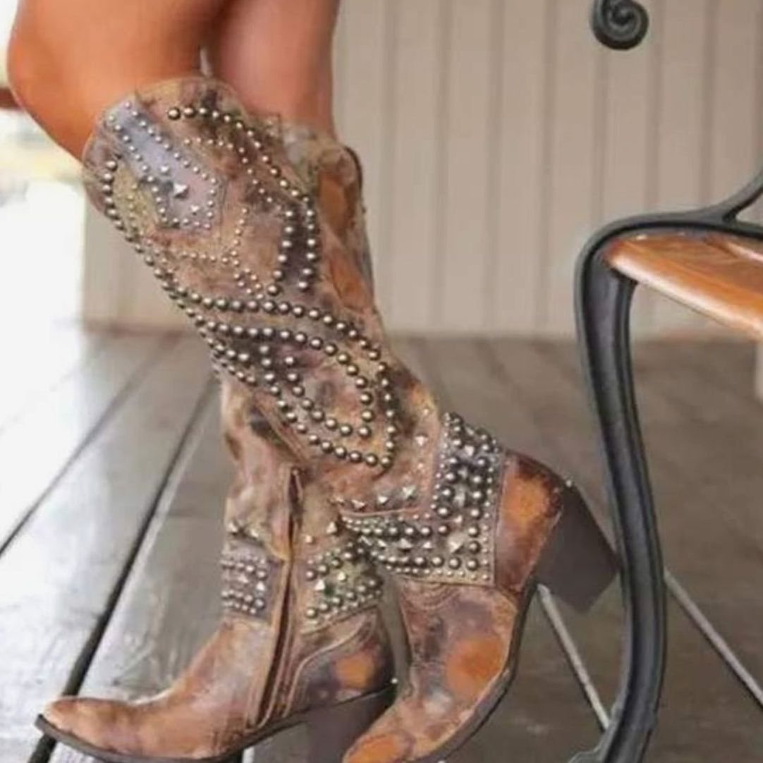 Women's Studded Chunky Heel Knee-High Cowboy Boots - Brown