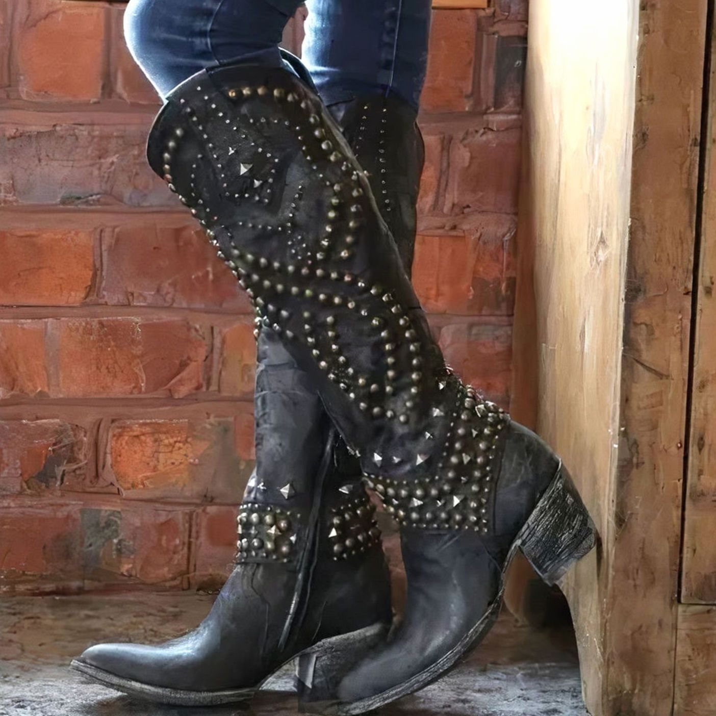 Women's Studded Chunky Heel Knee-High Cowboy Boots - Black