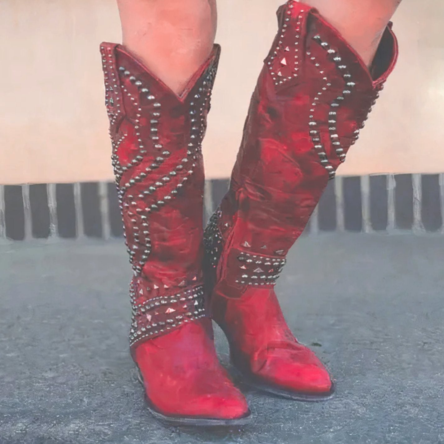 Women's Studded Chunky Heel Knee-High Cowboy Boots - Red