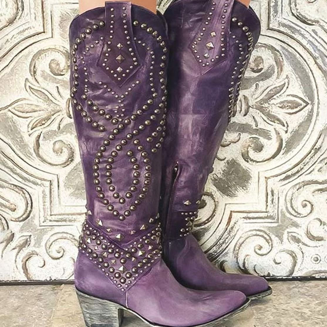 Women's Studded Chunky Heel Knee-High Cowboy Boots - Purple