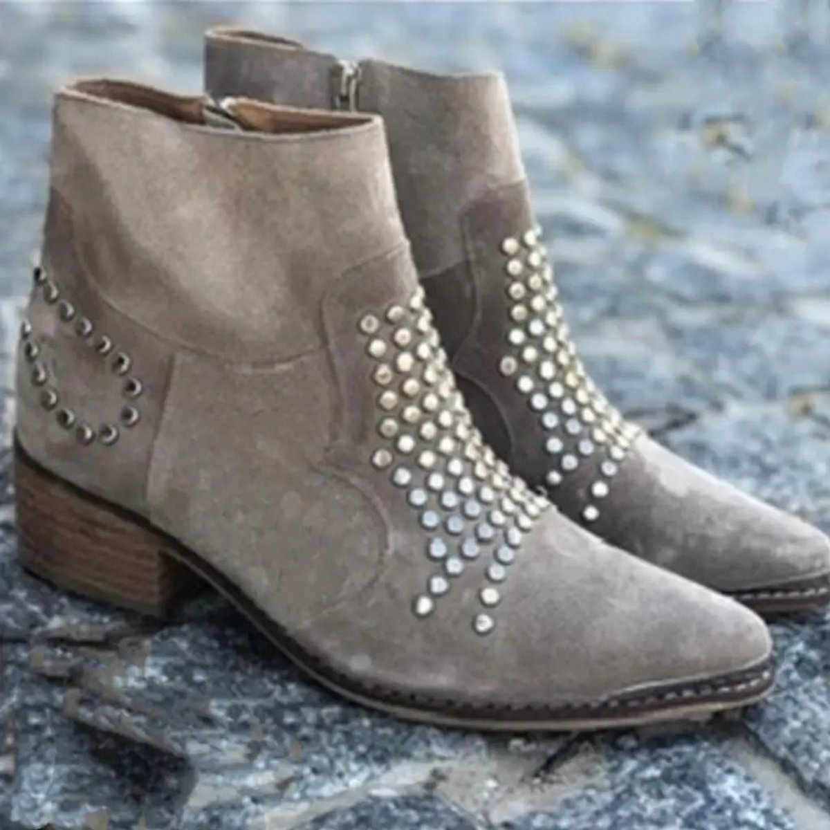 Women's Studded Suede Pointed-Toe Block-Heel Ankle Boots