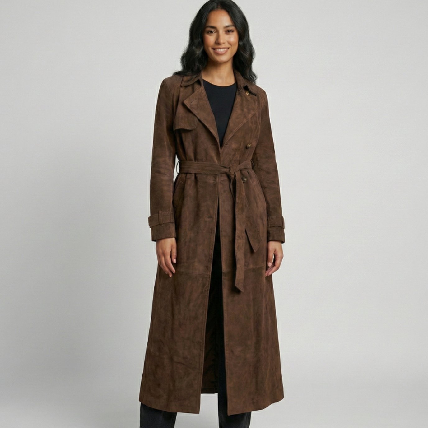 Women's Suede Belted Longline Trench Coat