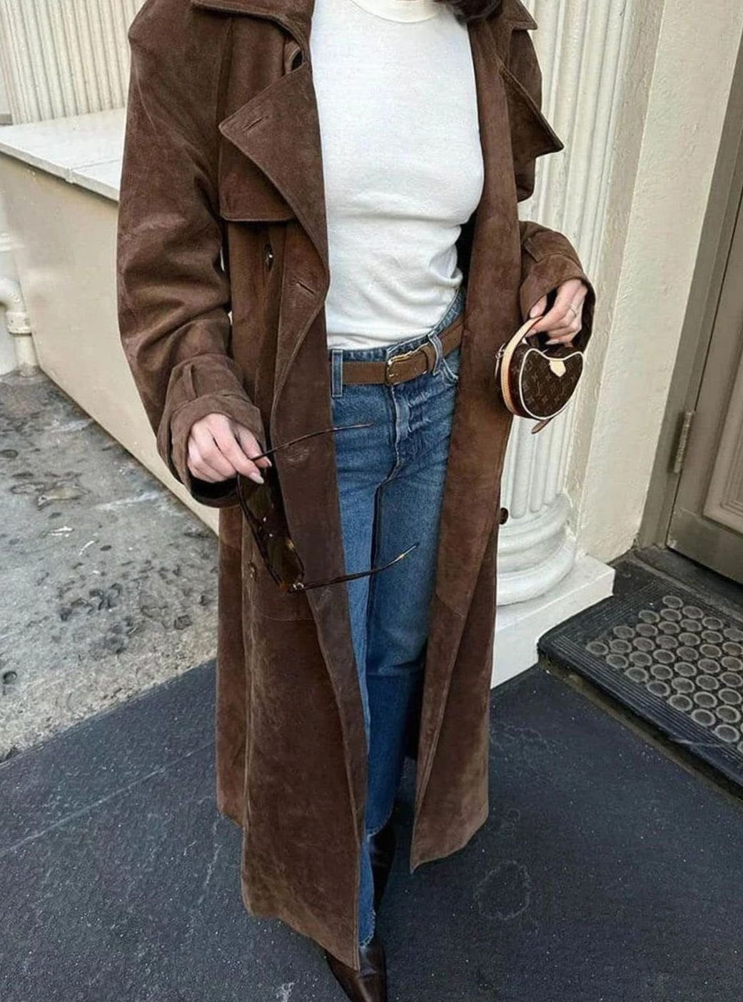Women's Suede Belted Longline Trench Coat - Brown