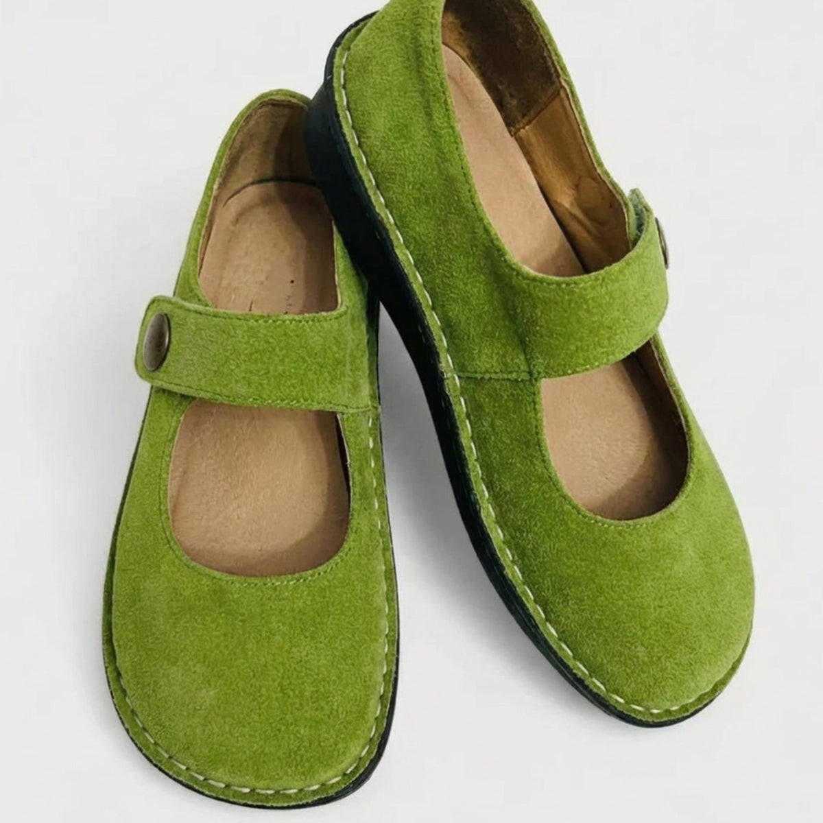 Women's Suede Flat Mary Jane Shoes Button Strap - Green