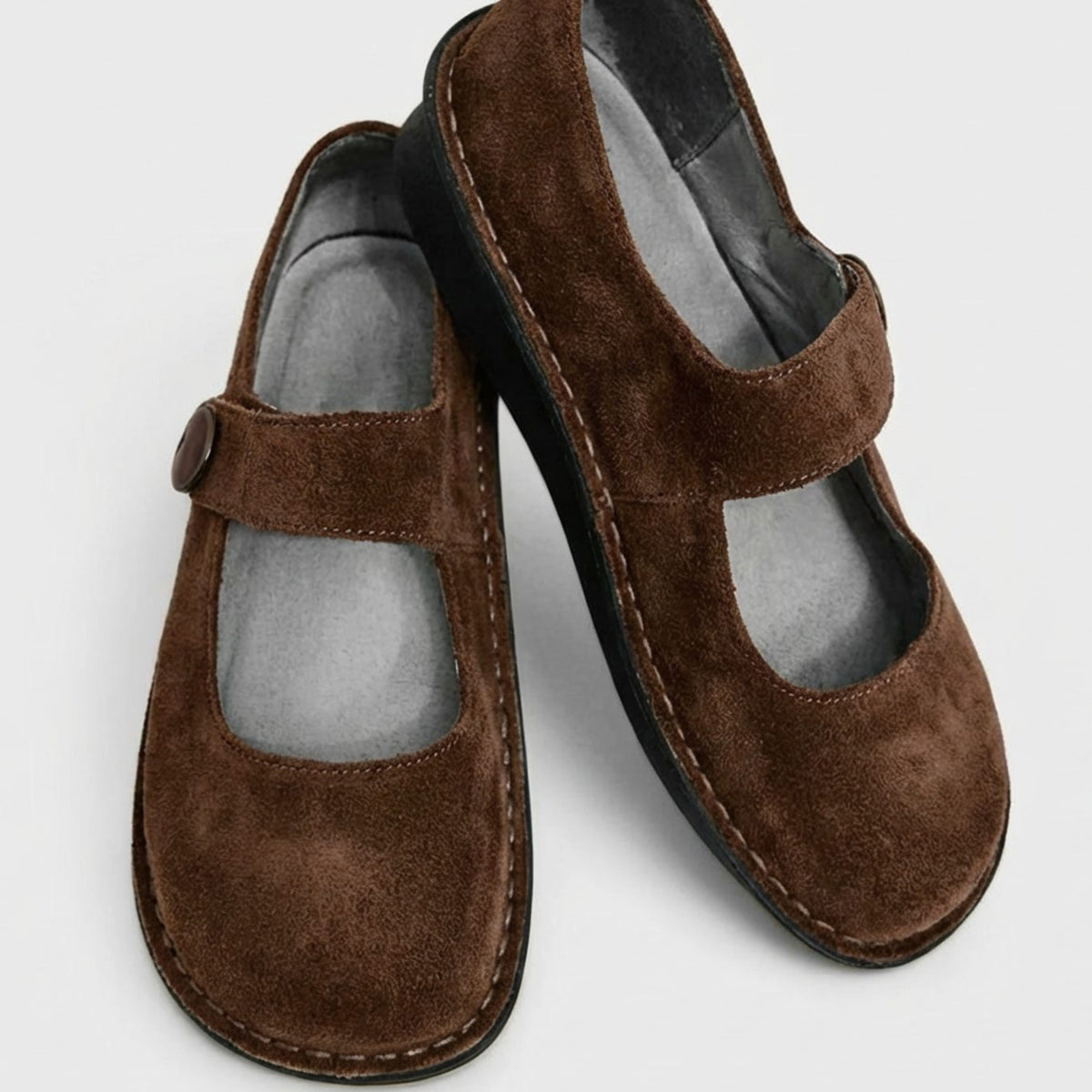 Women's Suede Flat Mary Jane Shoes Button Strap - Brown