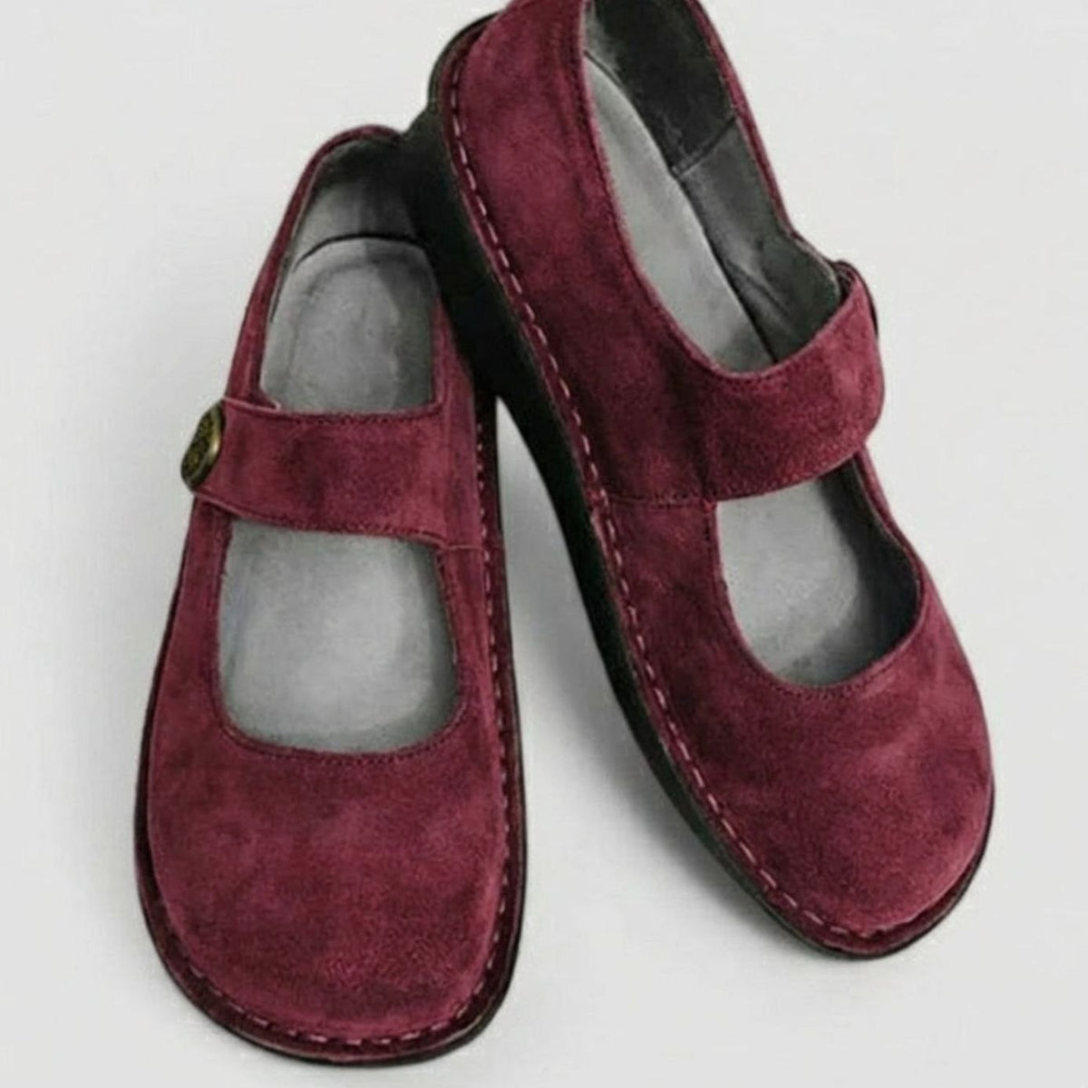 Women's Suede Flat Mary Jane Shoes Button Strap - Red