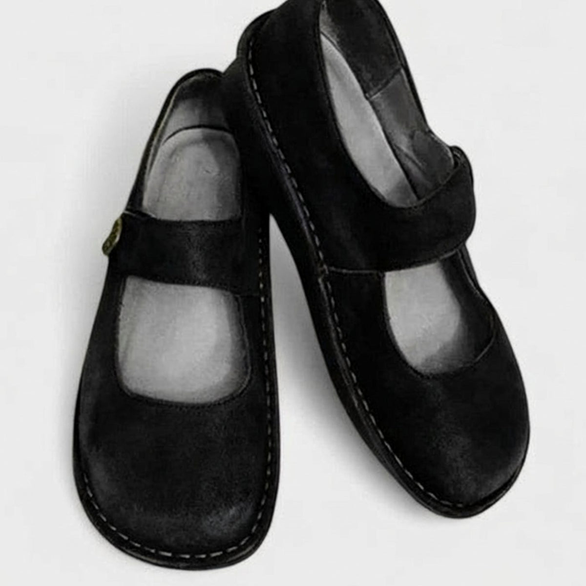 Women's Suede Flat Mary Jane Shoes Button Strap - Black