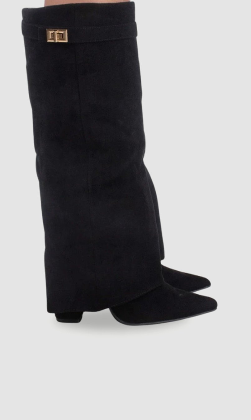 Women's Suede Fold-Over Knee-High Boots Golden Clasp Detail