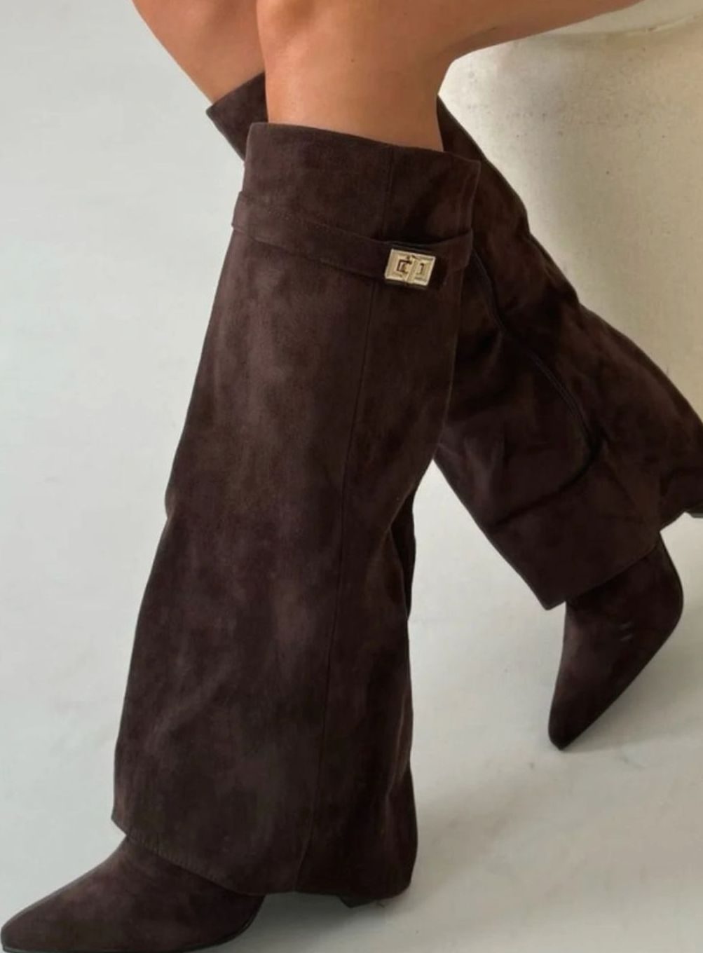 Women's Suede Fold-Over Knee-High Boots Golden Clasp Detail