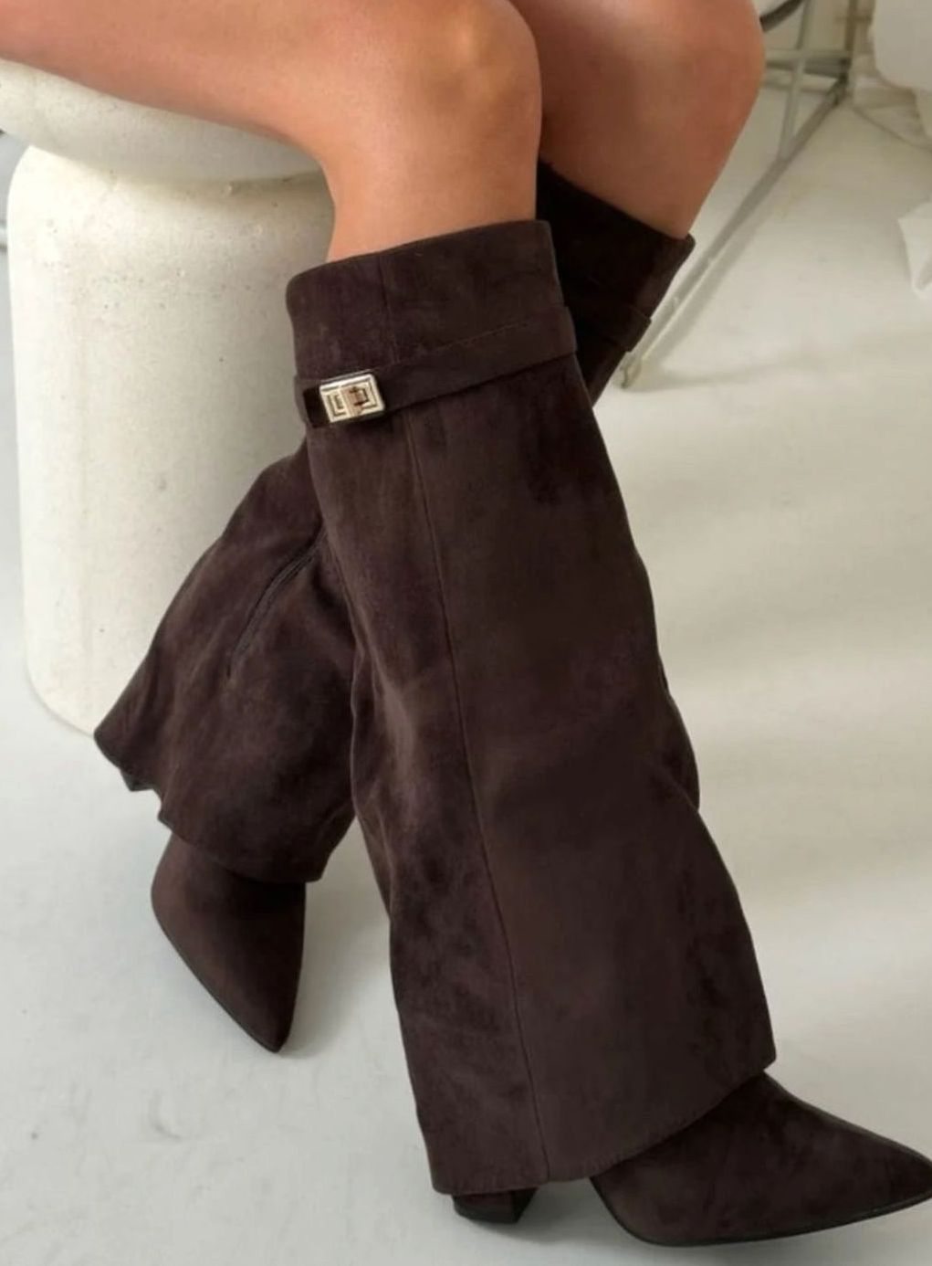 Women's Suede Fold-Over Knee-High Boots Golden Clasp Detail