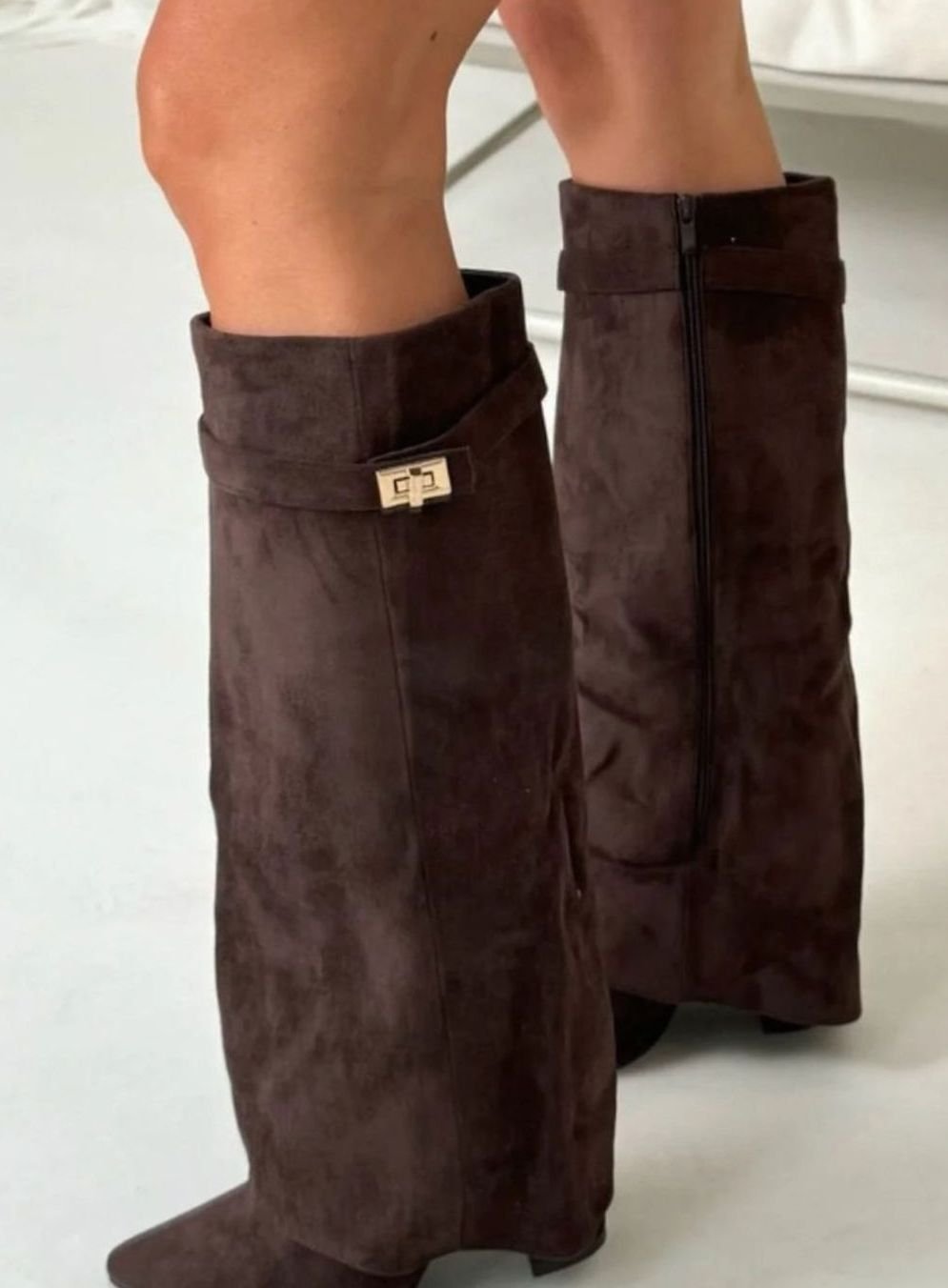 Women's Suede Fold-Over Knee-High Boots Golden Clasp Detail - Dark Brown