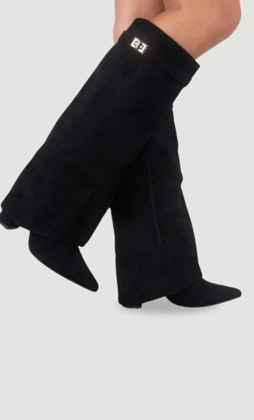 Women's Suede Fold-Over Knee-High Boots Golden Clasp Detail