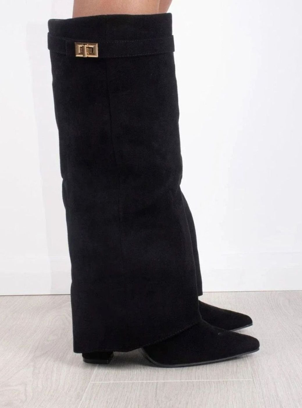 Women's Suede Fold-Over Knee-High Boots Golden Clasp Detail - Black