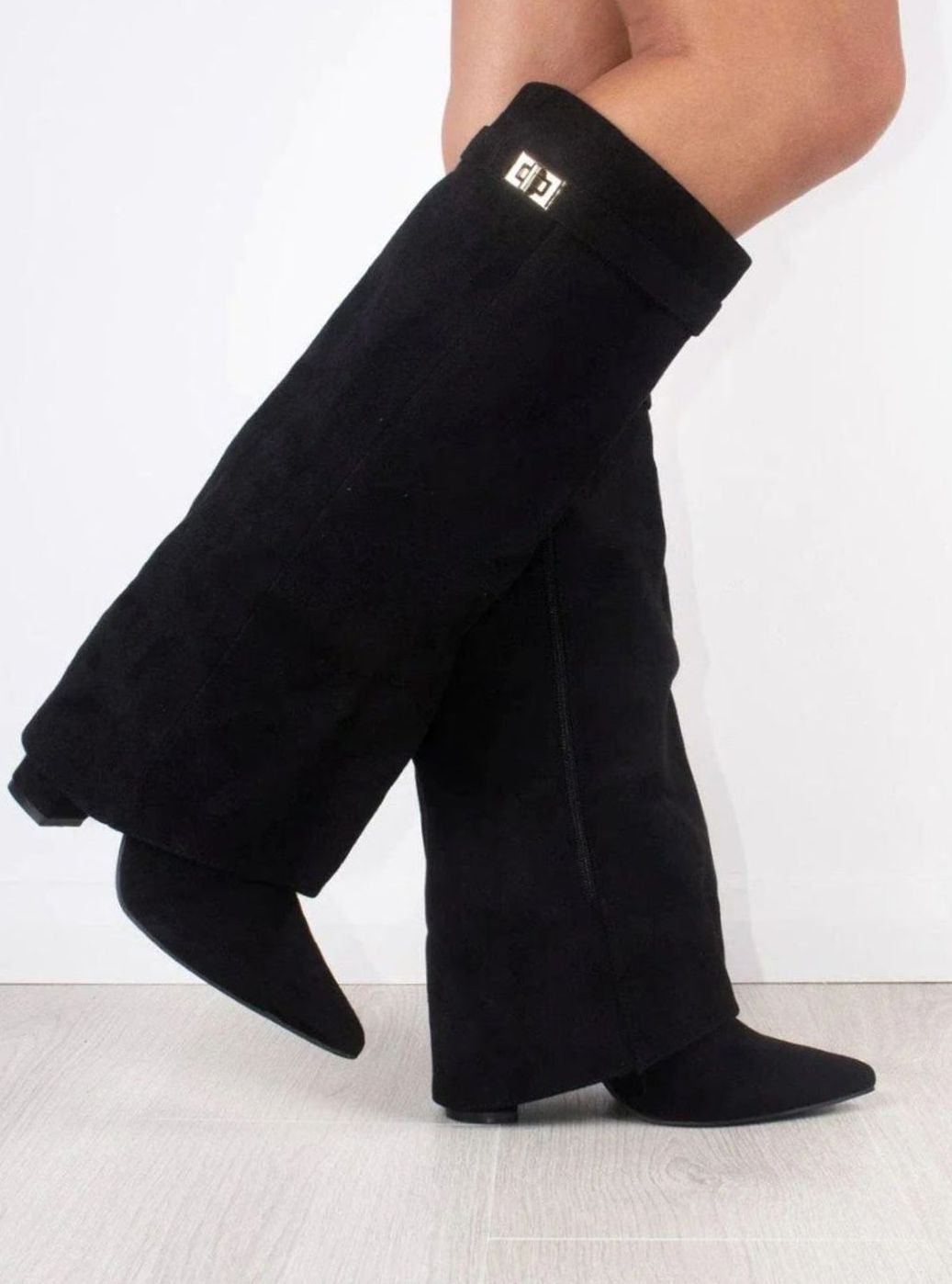 Women's Suede Fold-Over Knee-High Boots Golden Clasp Detail
