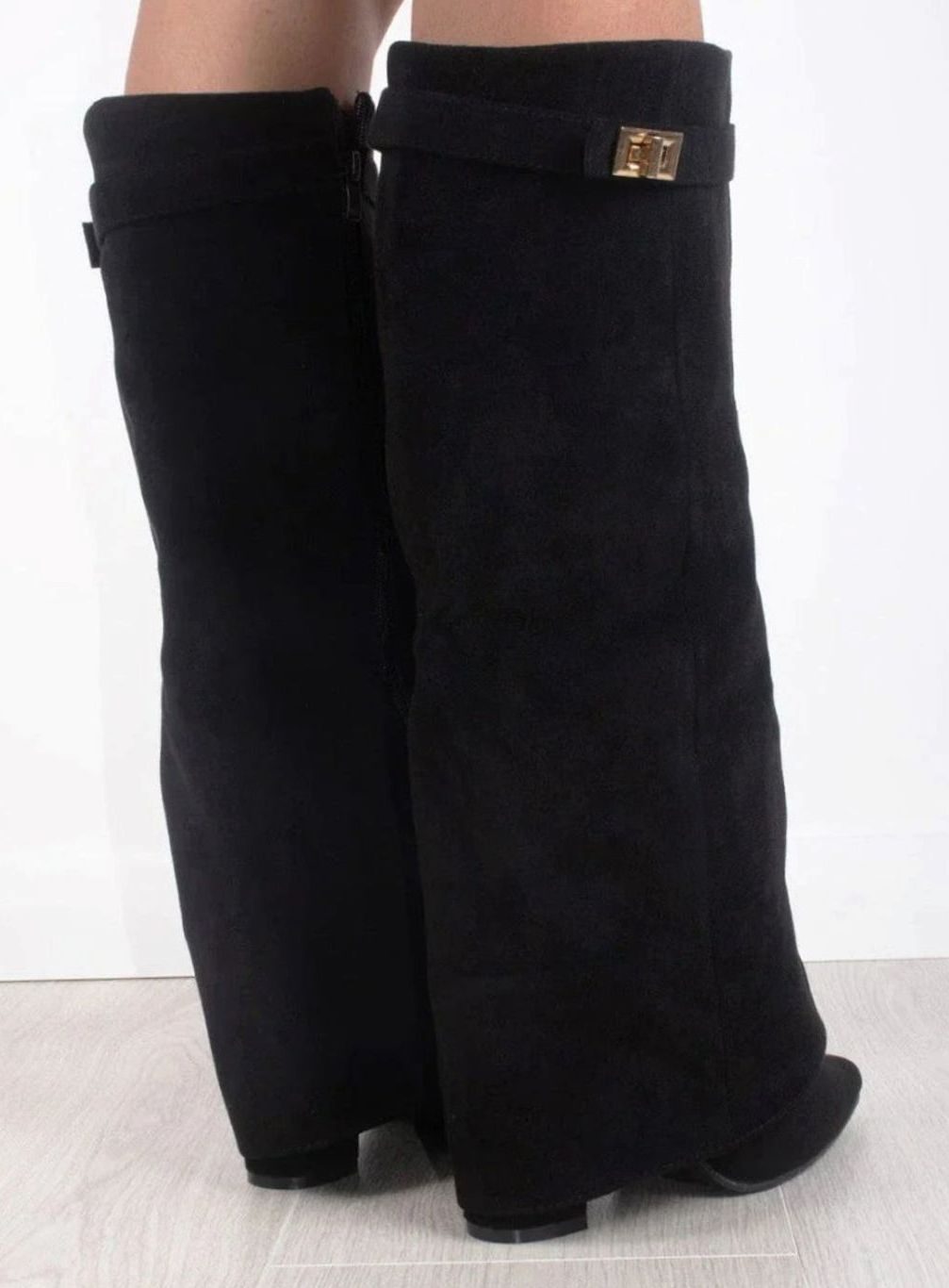 Women's Suede Fold-Over Knee-High Boots Golden Clasp Detail