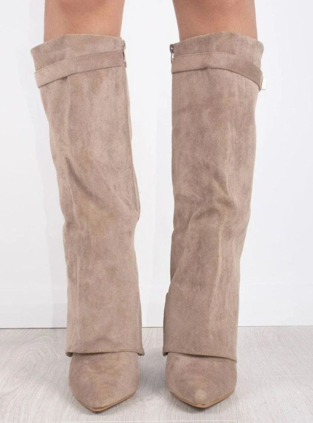 Women's Suede Fold-Over Knee-High Boots Golden Clasp Detail