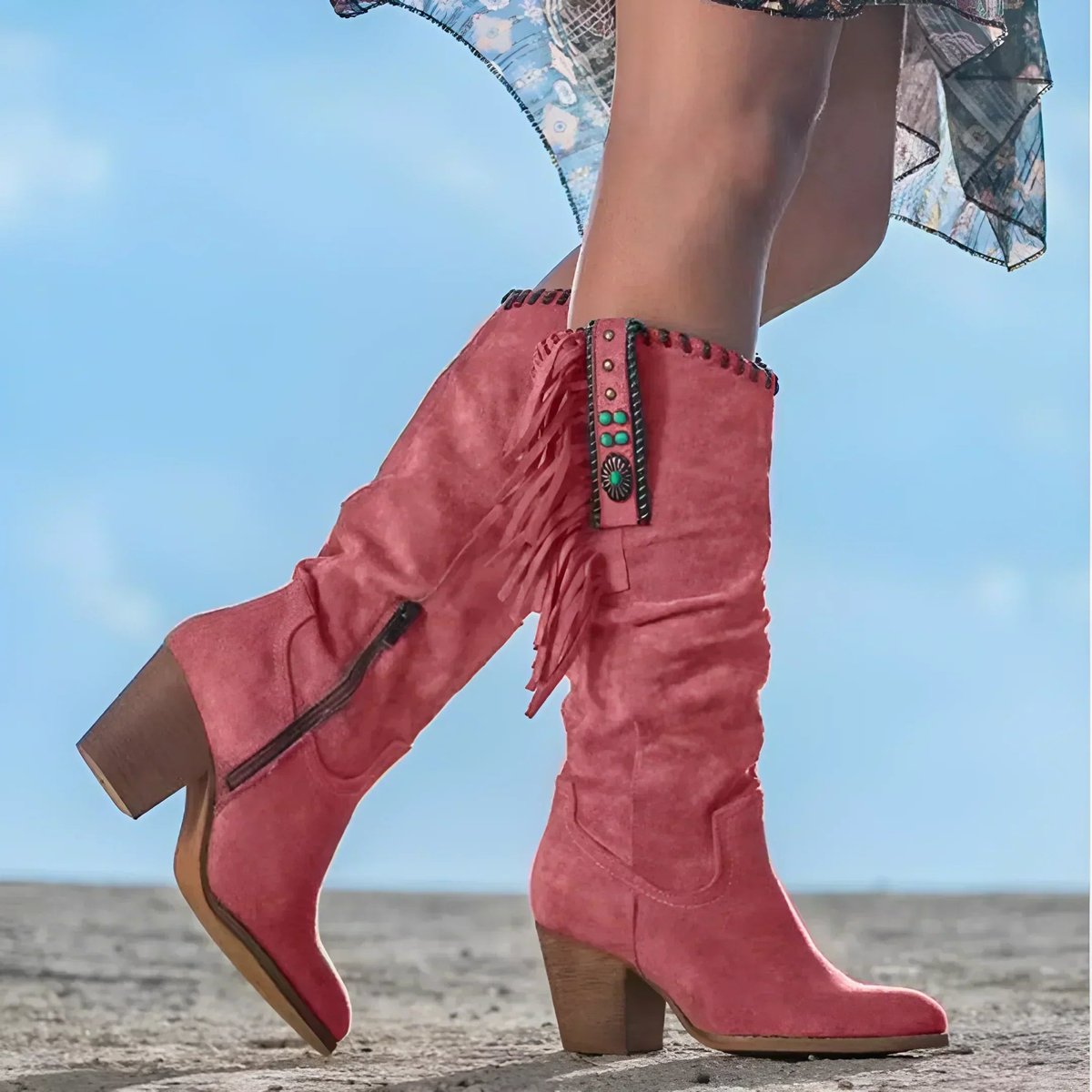 Women's Suede Fringe Western Knee High Boots Block Heel - Red