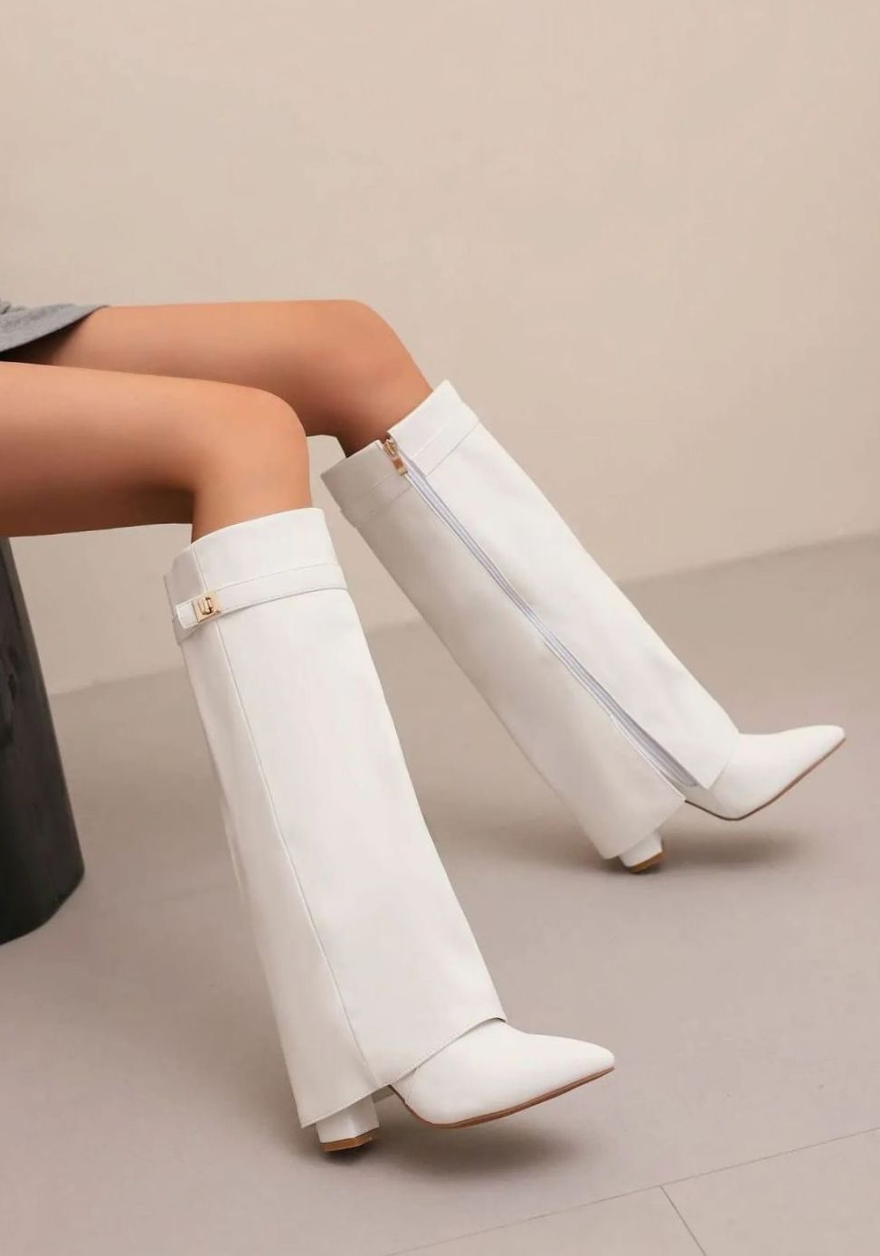 Women's Suede Knee-High Thigh-High Boots Gold Buckle - White Plush