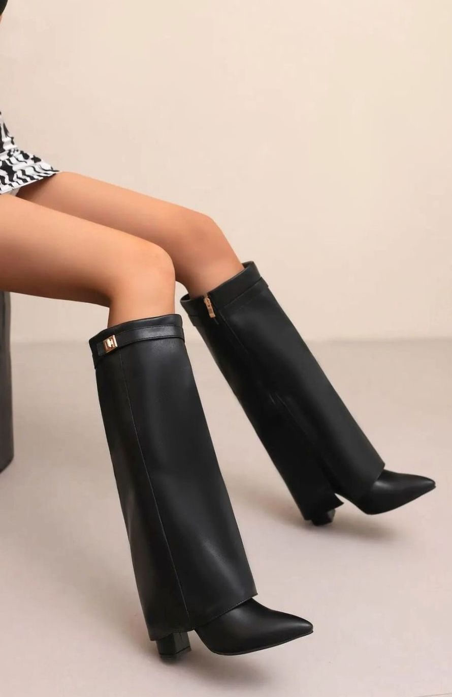 Women's Suede Knee-High Thigh-High Boots Gold Buckle - Black Plush