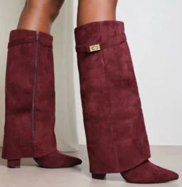 Women's Suede Knee-High Thigh-High Boots Gold Buckle - Red Suede Plush