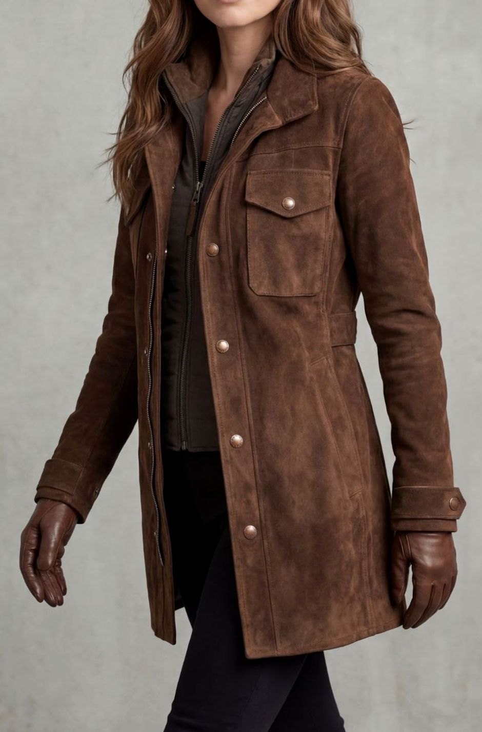 Women's Suede Longline Snap-Button Coat