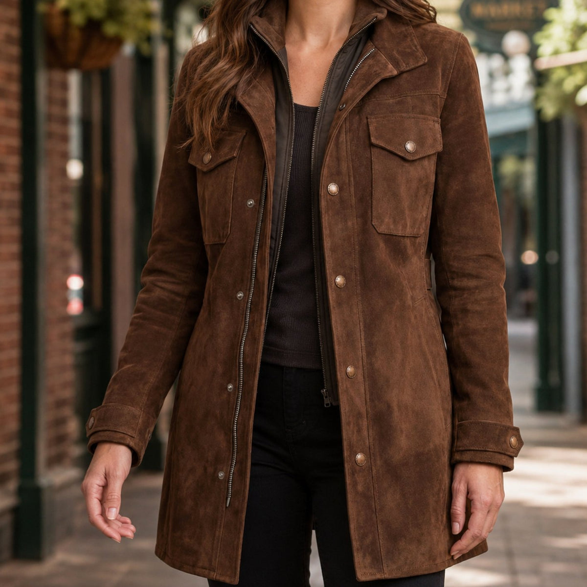 Women's Suede Longline Tailored Zip Snap-Button Winter Coat Jacket - Brown