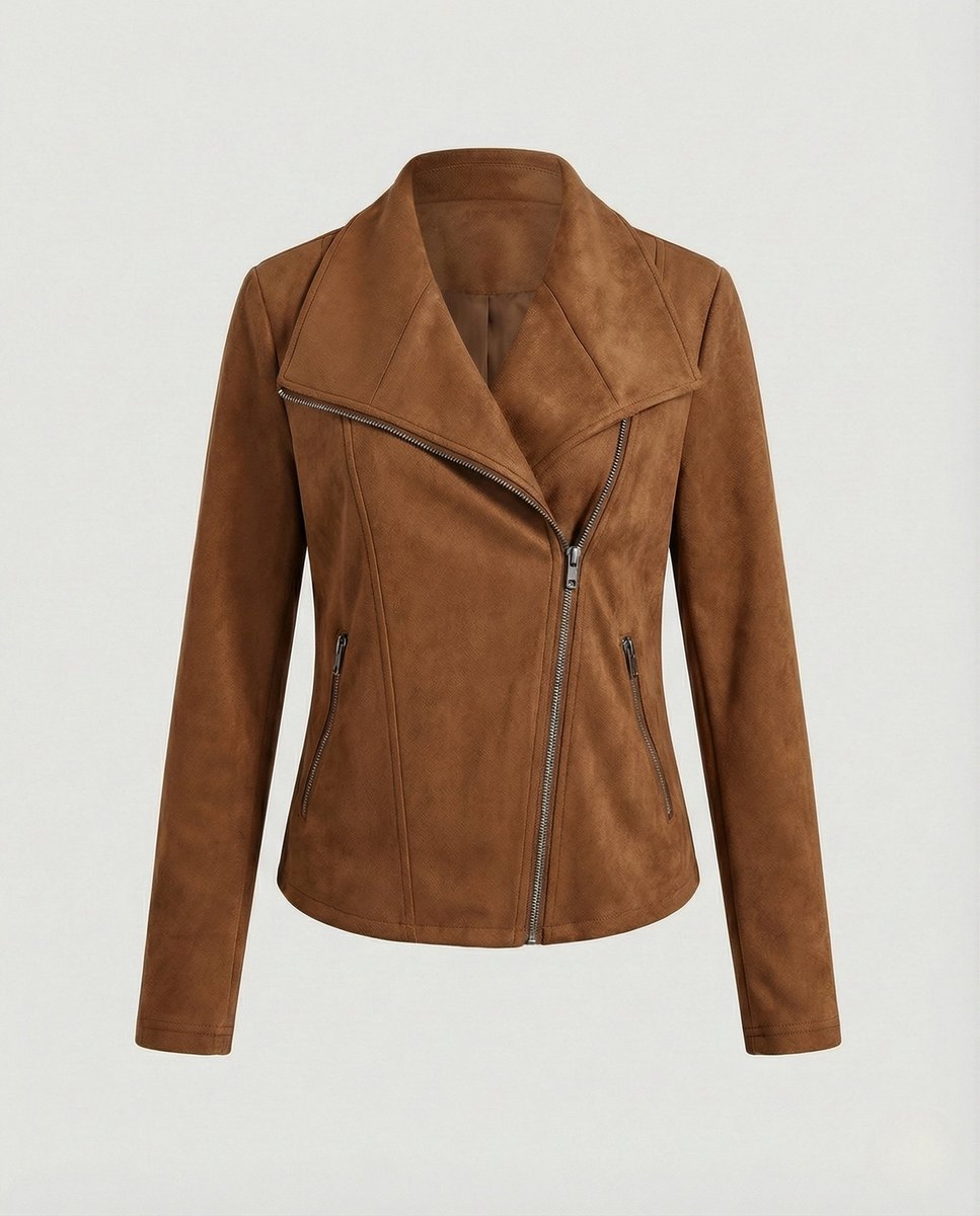 Women's Suede-Look Asymmetric-Zip Biker Leather Jacket - Camel
