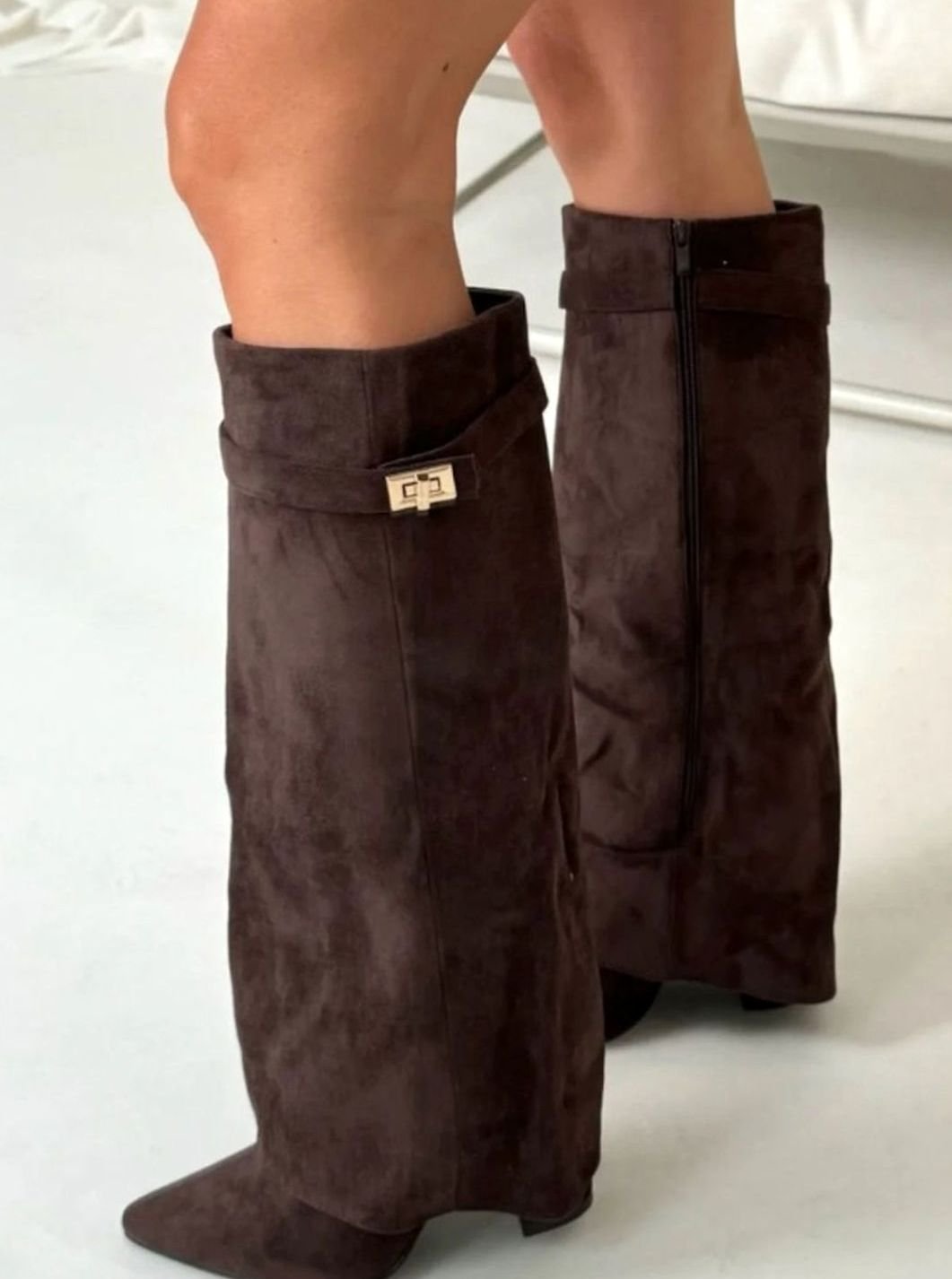 Women's Suede Pointed-Toe Gold-Buckle Thigh-High Boots