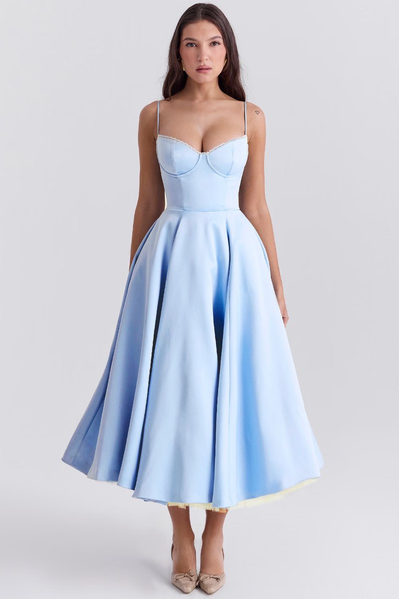 Women's Sweetheart Bustier Midi Cocktail Party Dress Full Skirt - Blue
