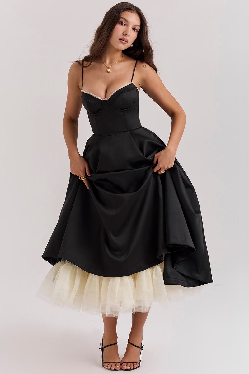 Women's Sweetheart Bustier Midi Cocktail Party Dress Full Skirt