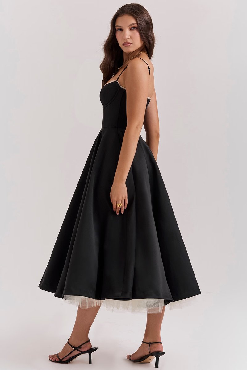 Women's Sweetheart Bustier Midi Cocktail Party Dress Full Skirt