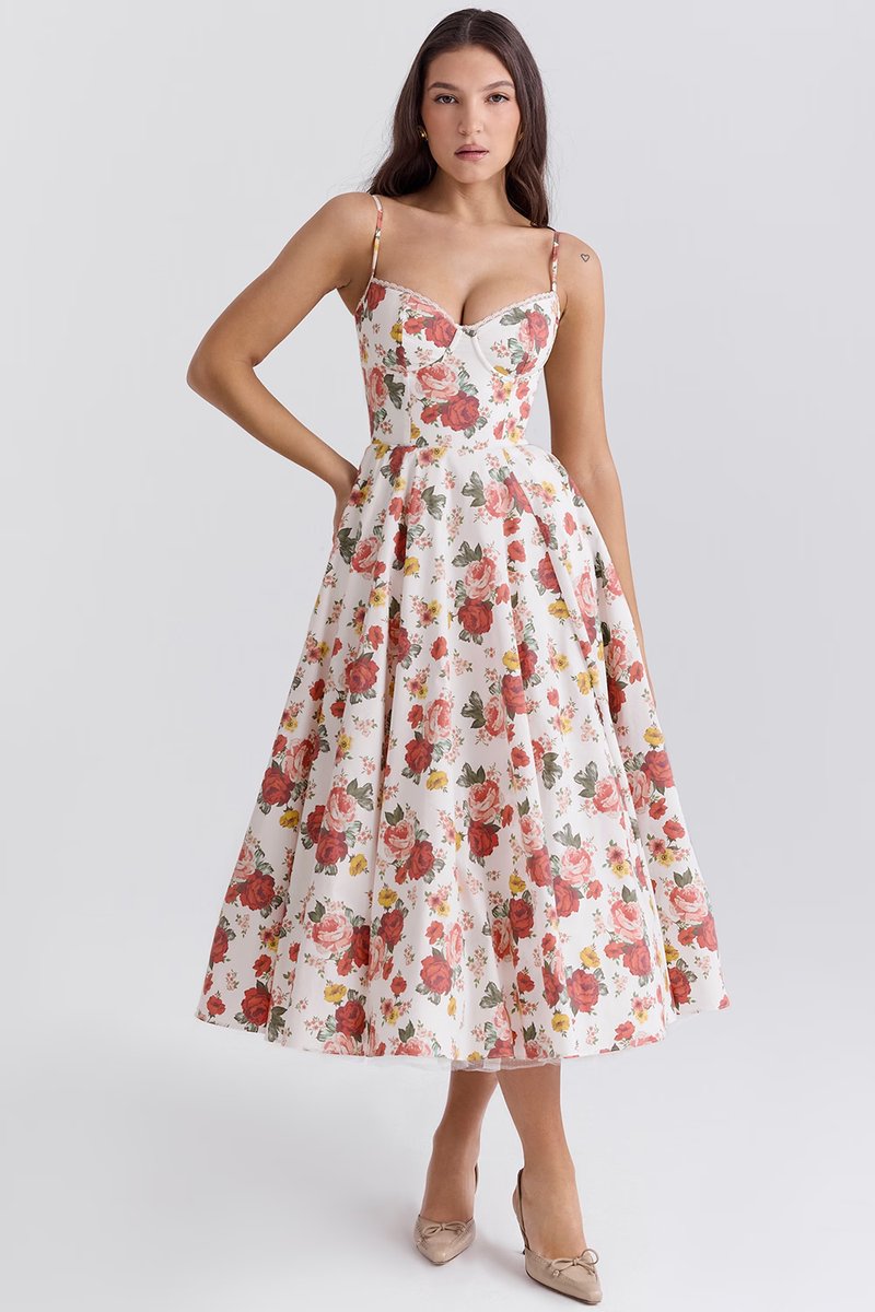 Women's Sweetheart Bustier Midi Cocktail Party Dress Full Skirt - Floral