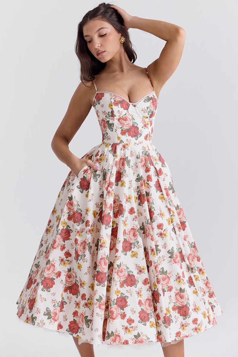 Women's Sweetheart Bustier Midi Cocktail Party Dress Full Skirt