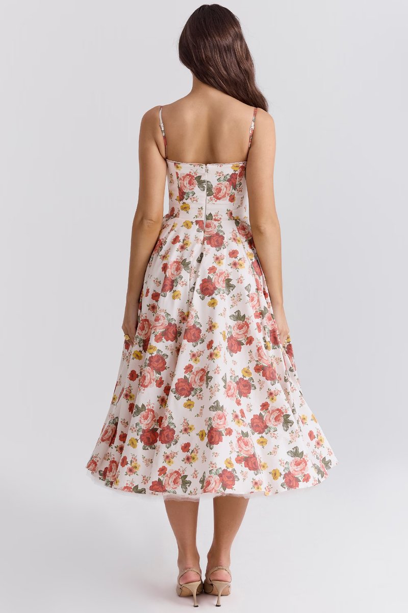Women's Sweetheart Bustier Midi Cocktail Party Dress Full Skirt