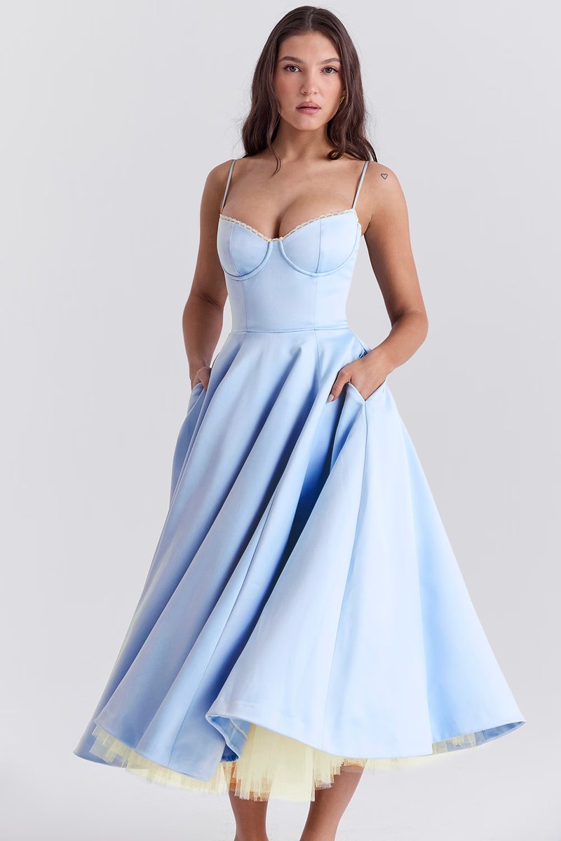 Women's Sweetheart Bustier Midi Cocktail Party Dress Full Skirt