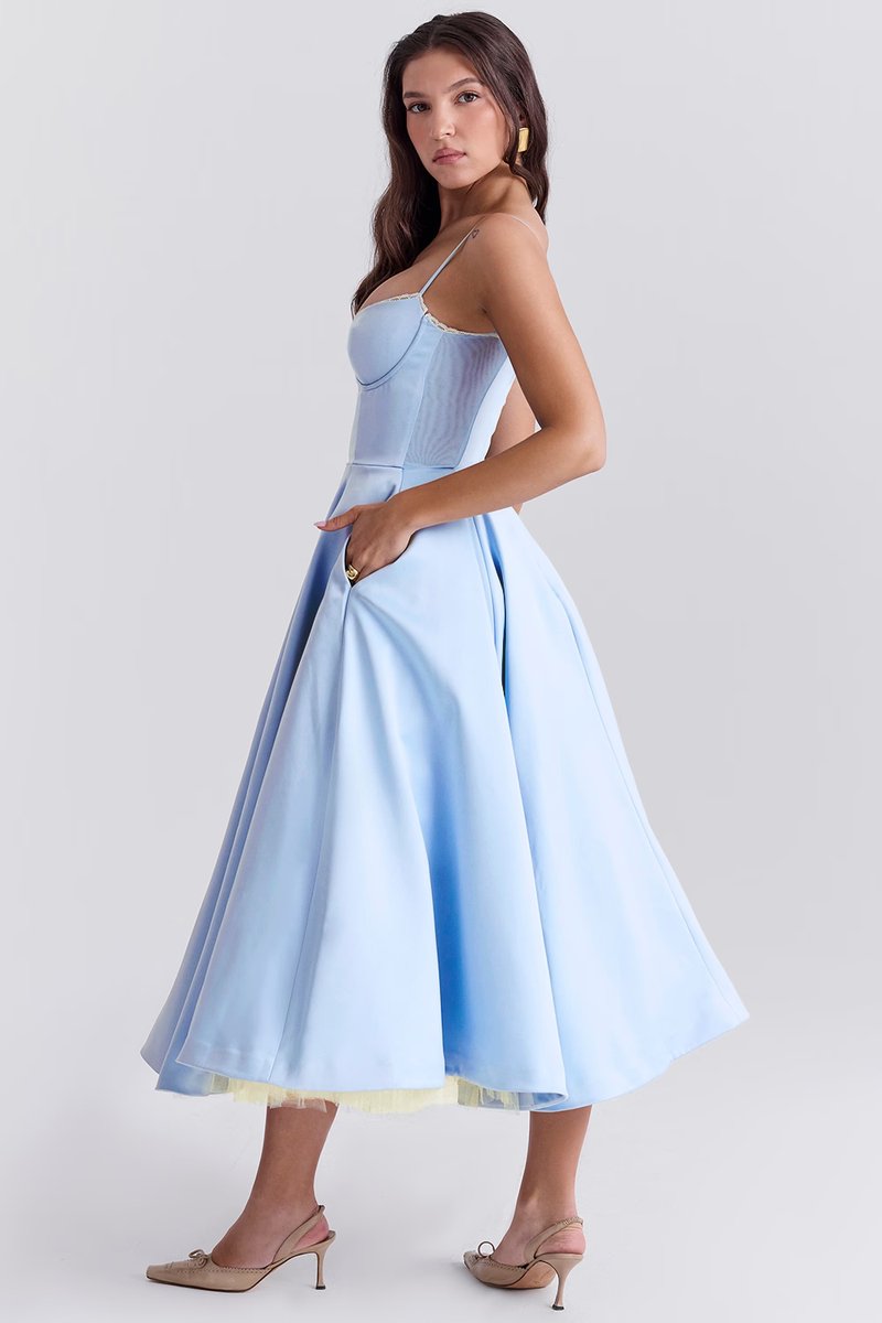 Women's Sweetheart Bustier Midi Cocktail Party Dress Full Skirt