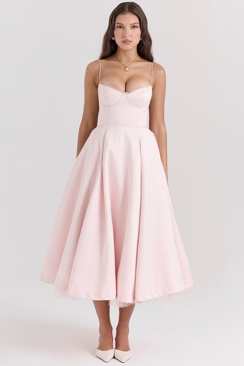 Women's Sweetheart Bustier Midi Cocktail Party Dress Full Skirt - Pink