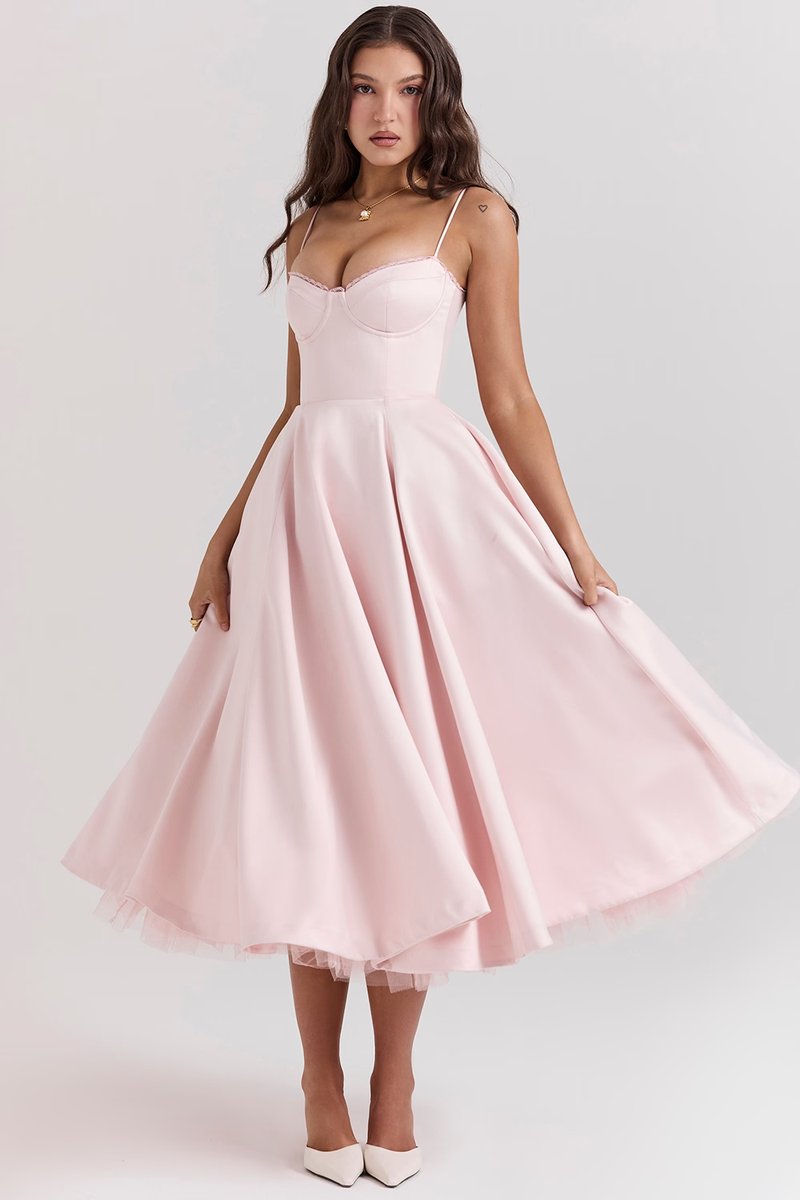 Women's Sweetheart Bustier Midi Cocktail Party Dress Full Skirt