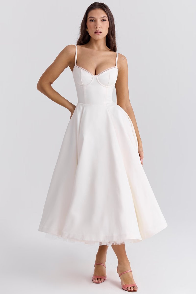 Women's Sweetheart Bustier Midi Cocktail Party Dress Full Skirt - White