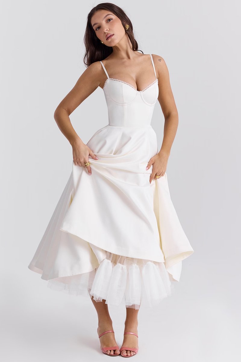 Women's Sweetheart Bustier Midi Cocktail Party Dress Full Skirt