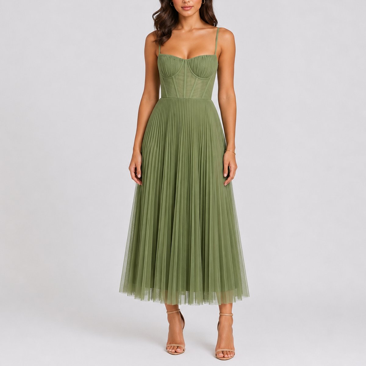 Women's Sweetheart Corset-Bodice Pleated Tulle Midi Dress - Green