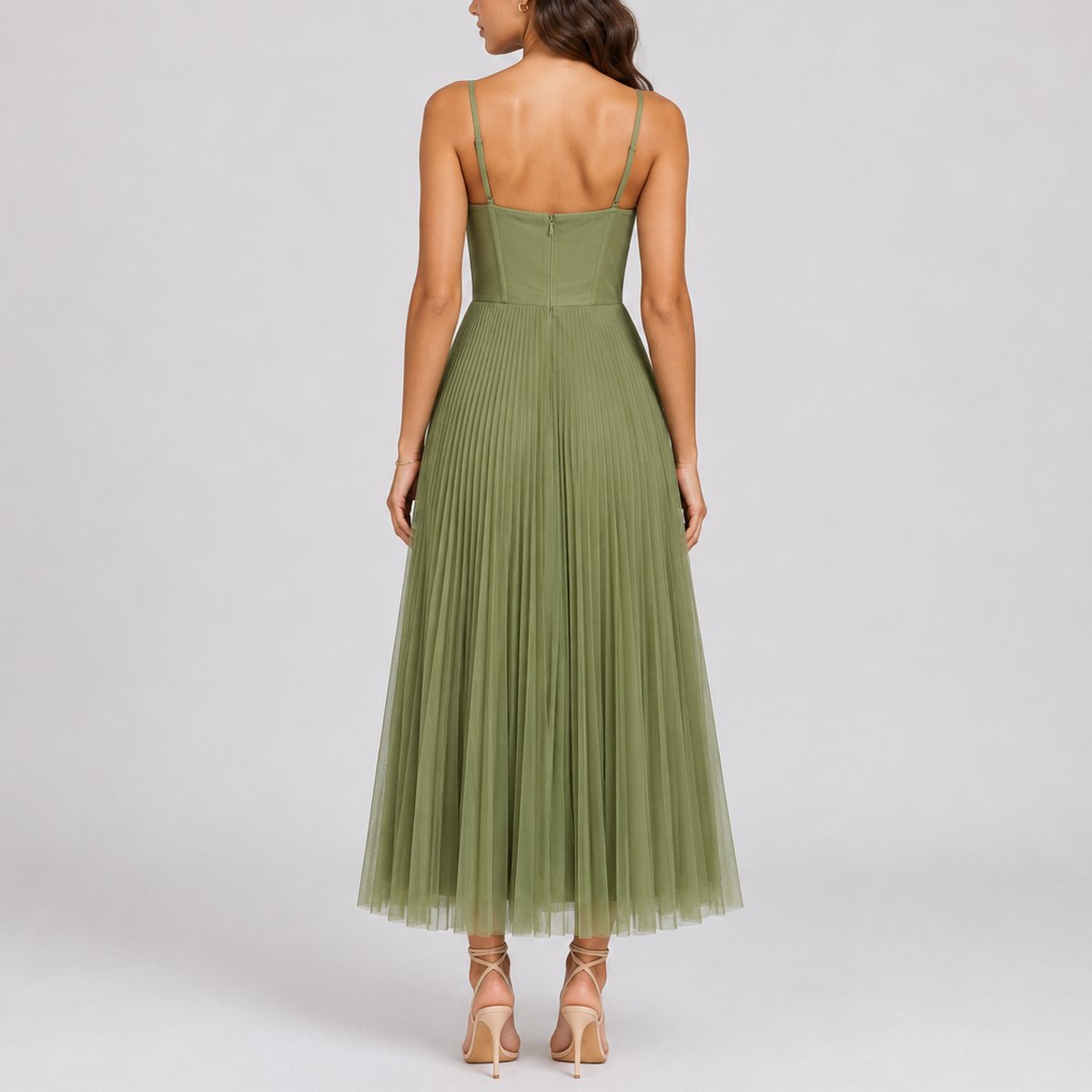 Women's Sweetheart Corset-Bodice Pleated Tulle Midi Dress