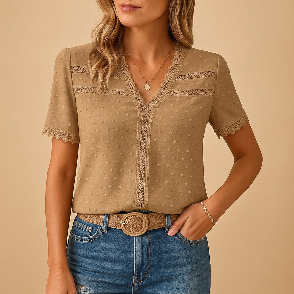 Women's Swiss Dot Lace-Trim V-Neck Relaxed Blouse - Khaki