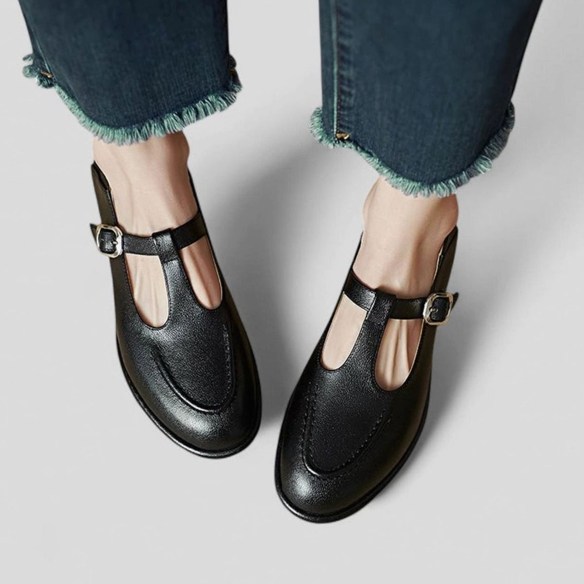 Women's T-Bar Buckle Flat Mary Jane Shoes - Black
