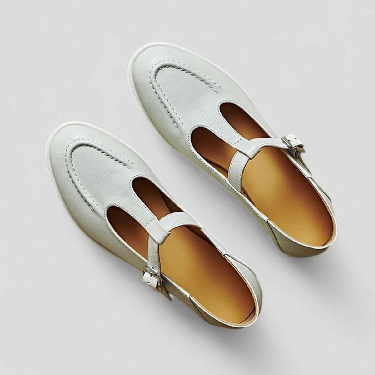 Women's T-Bar Buckle Flat Mary Jane Shoes - Beige
