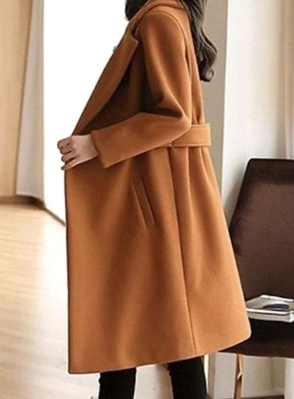 Women's Tailored Belted Wool Coat Long Elegant Outerwear