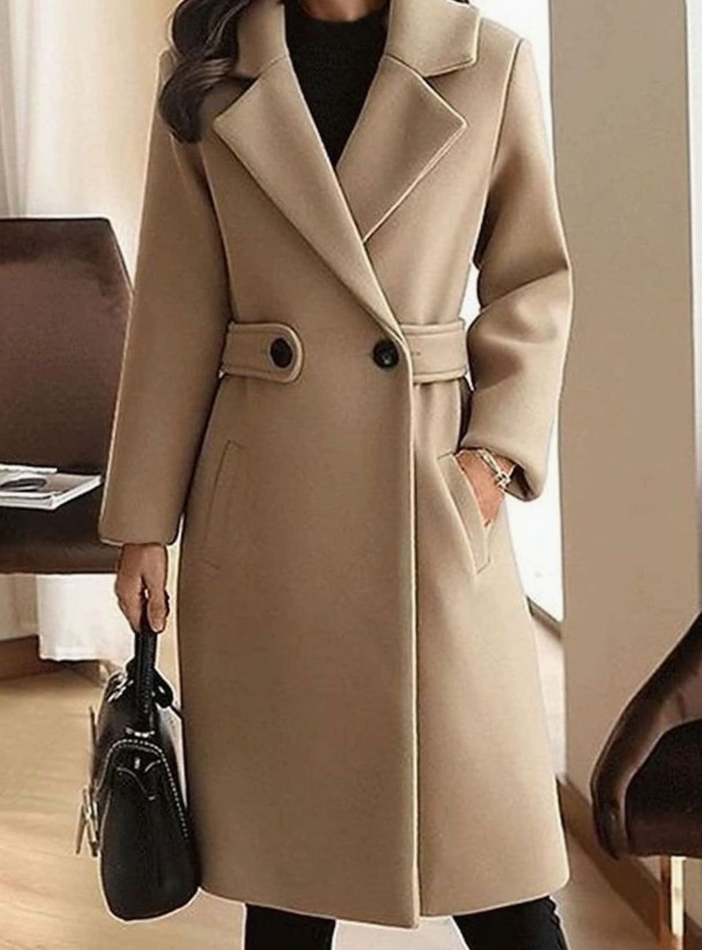 Women's Tailored Belted Wool Coat Long Elegant Outerwear - Beige
